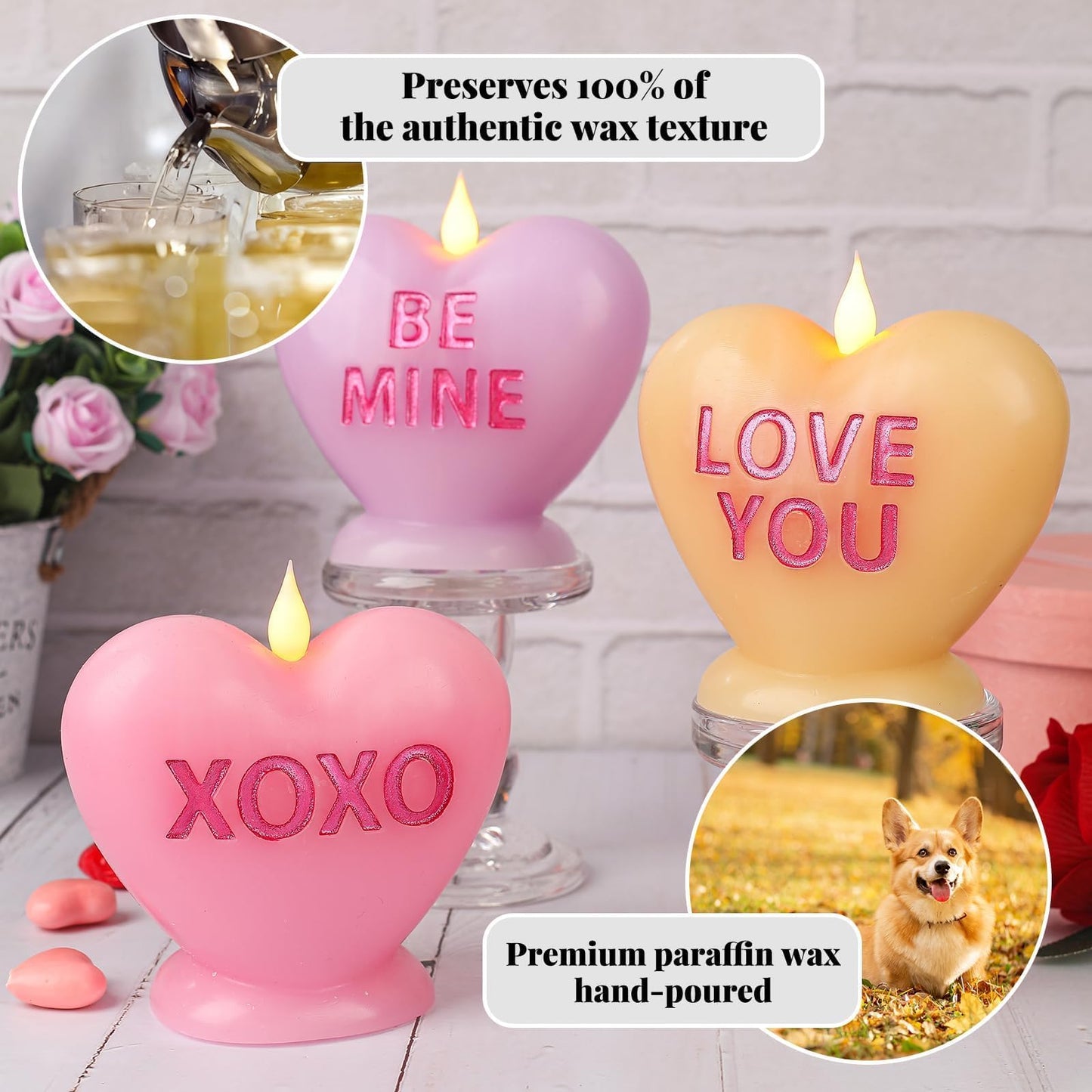 LCZLUMIPRO 3 Pack Valentine's Day Candles Heart Candle Flameless Candles Flickering Battery Operated LED Heart Shaped Candles with Realistic Warm Flame Effect Romantic Decor for Wedding Anniversary