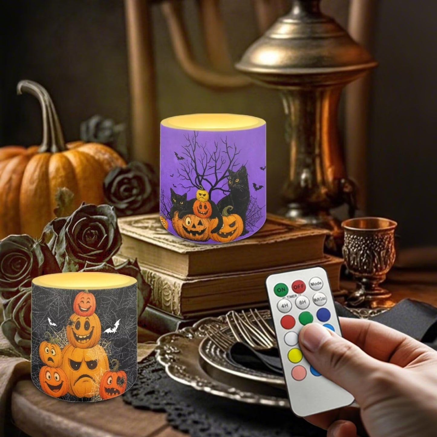 Merkmak Halloween Outdoor Flameless Candles with Remote Battery Operated LED Pillar Candles with Timers Tea Lights for Party Home Living Room Decor, Spider Web Bat Pumpkin Print