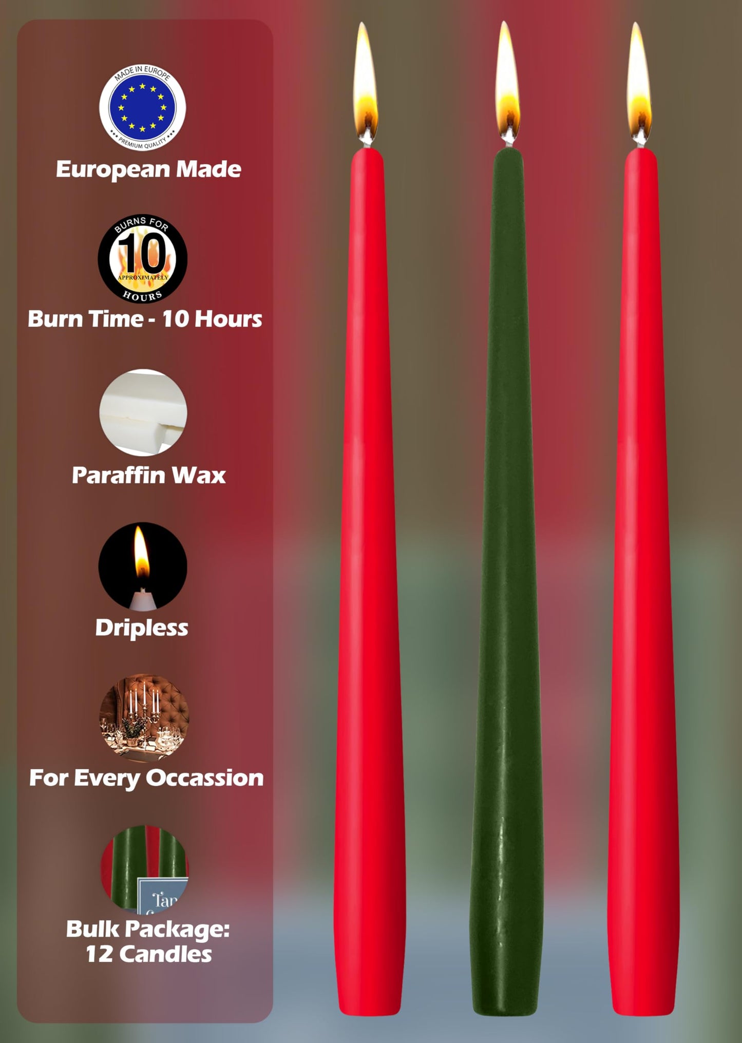 Hyoola Christmas Candles - Green and Red Taper Candles 12 Inch Dripless, 12 Pack Unscented Holiday Candles - European Made