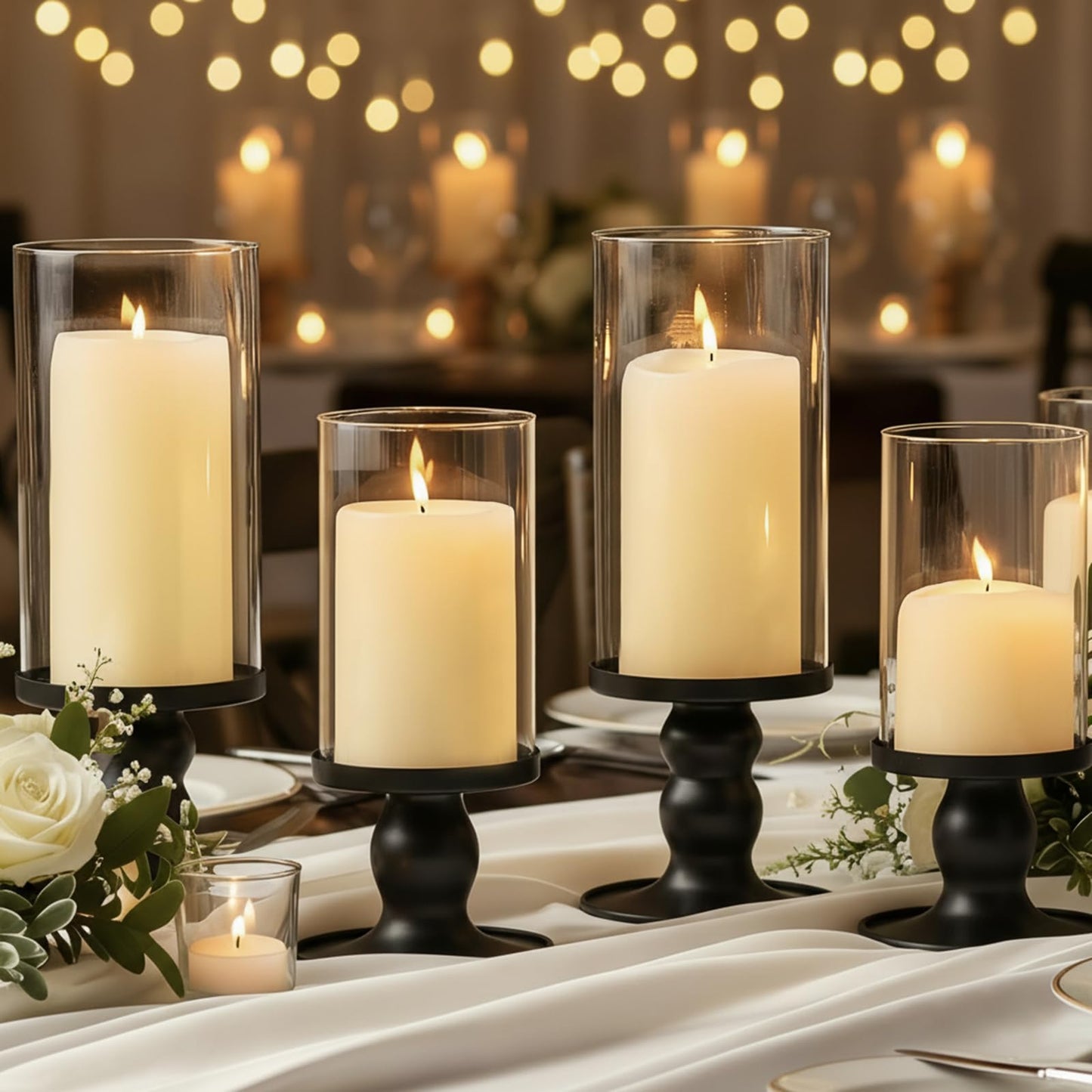 NITIME 4Pcs Hurricane Candle Holder for Pillar Candles, Black Candle Holders with Clear Glass Sleeve for Table Centerpieces,Pillar Candle Holders for Home Decor, Wedding, Holiday and Party Decor