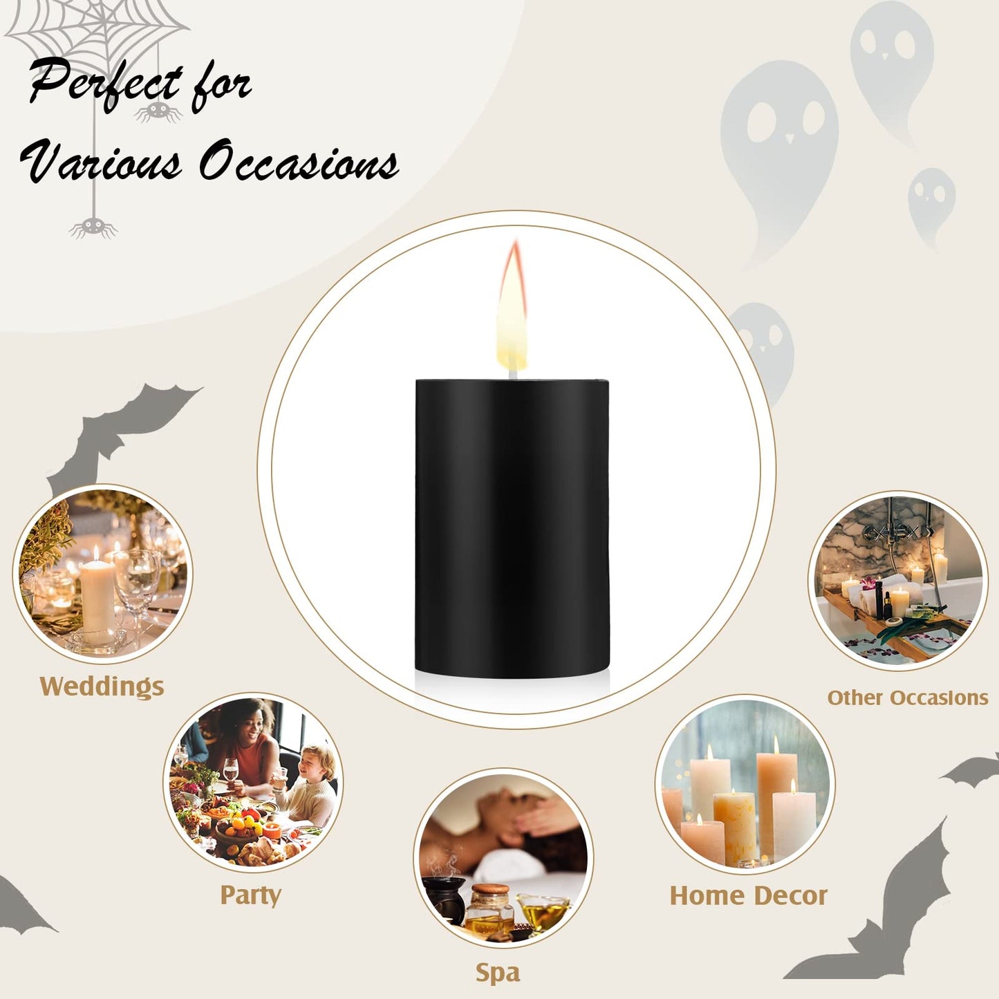 Lounsweer 12 Pcs Pillar Candles Bulk for Wedding Unscented Pillar Candles 3 Set 2 x 3/6/8 Inch Multi Size for Weddings Engagement Spa Home Party Events Ceremony(Black)