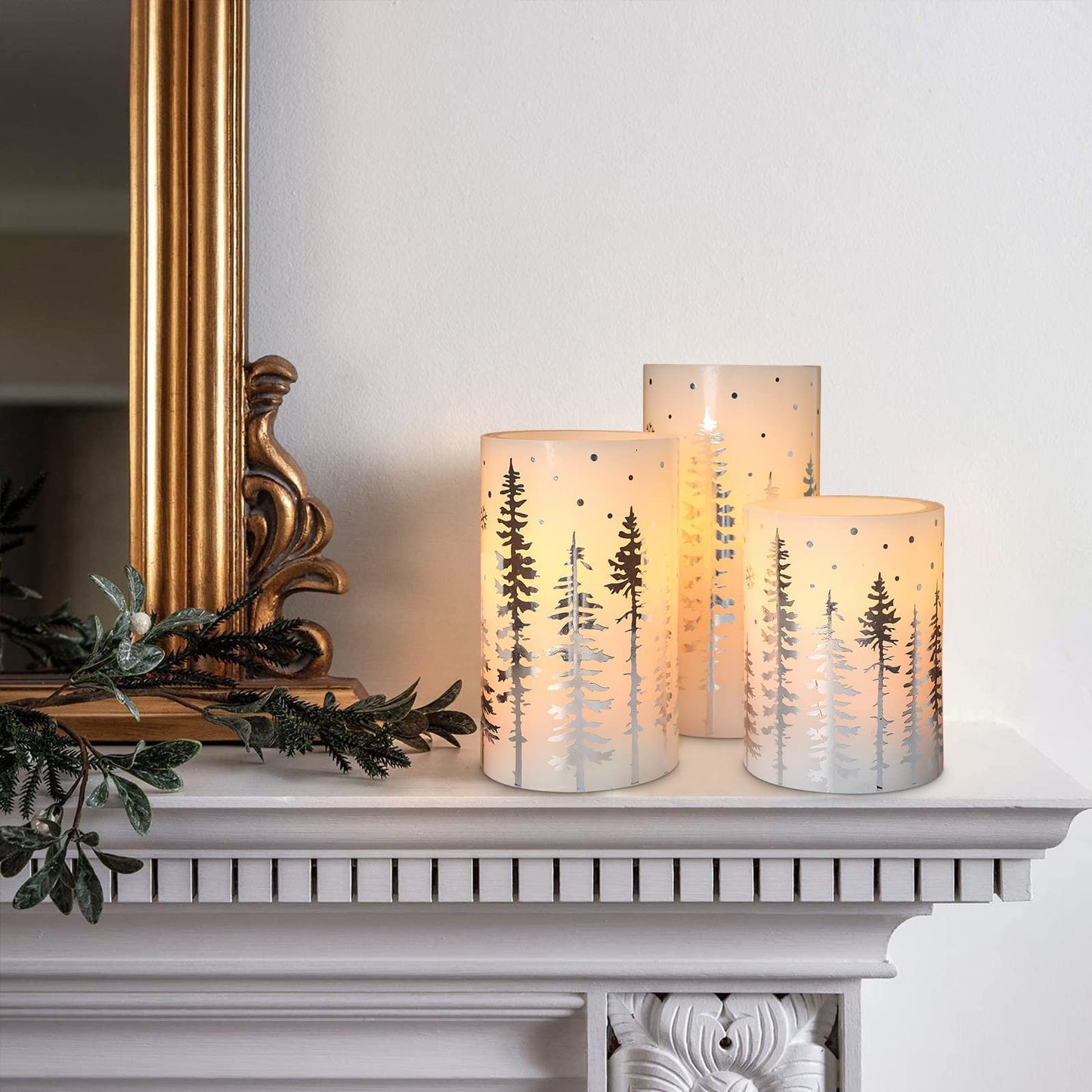 Crystal Club Christmas Flameless Candles, Holiday LED Candles Battery Operated with Remote and Timer, Realistic Flickering Candles with Silver Xmas Tree Decal for Festival & Home Party Decor