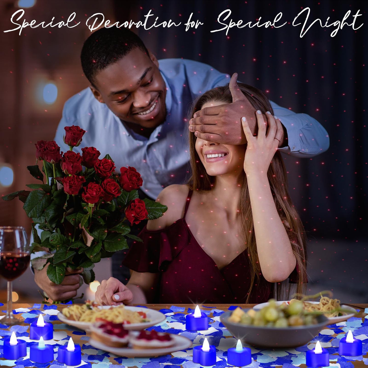 Honoson 1000 Pieces Artificial Rose Petals with 24 Pcs Flameless Heart Shaped LED Tealights Candles Special Romantic Night Decorations for Proposal Wedding Anniversary Table Decor(White with Blue)