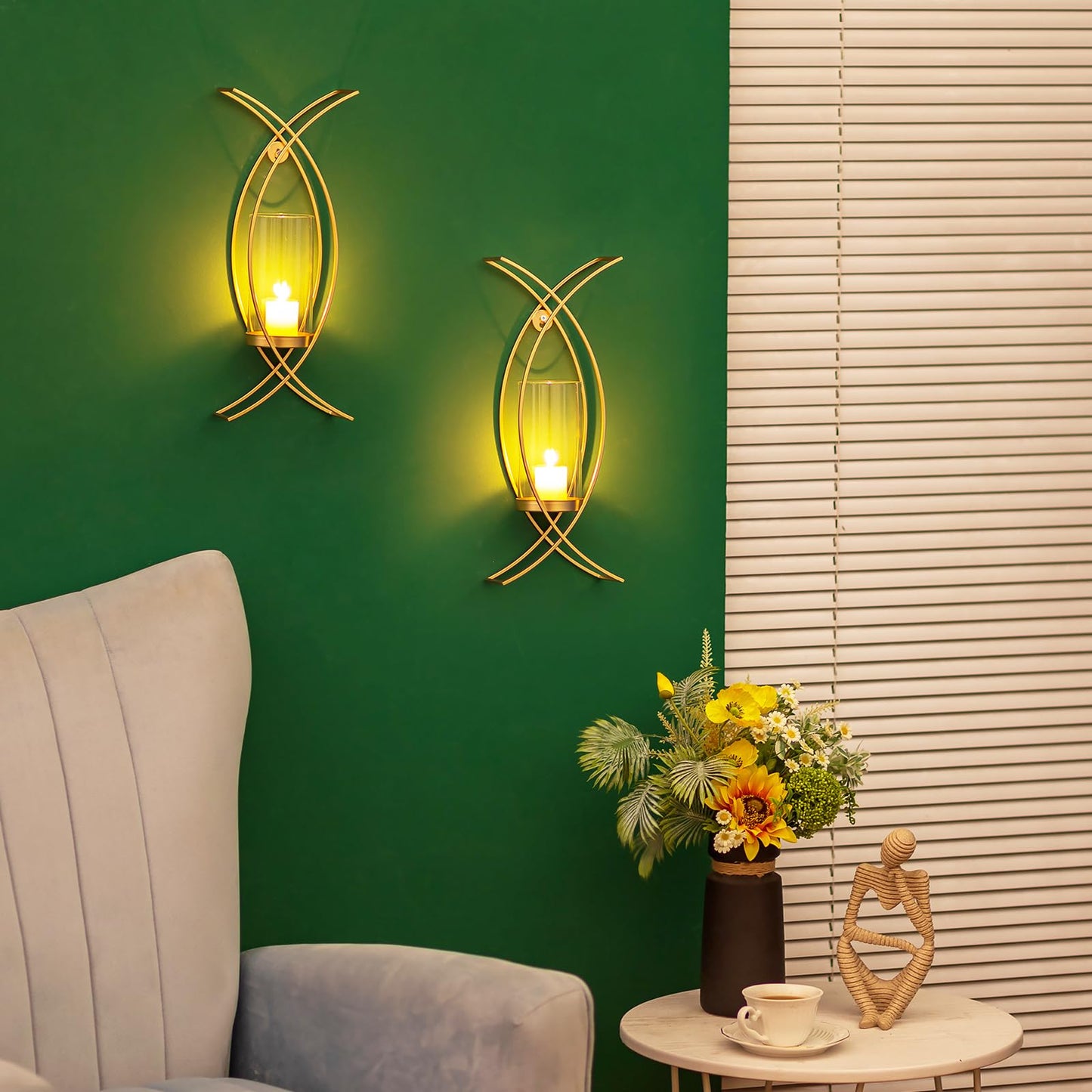 Walasis Candle Sconces Wall Decor Set of 2: Wall Hurricane Candle Holder Modern Metal Wall Mounted Gold Sconces Decorations for Living Room Bedroom Bathroom Hallway Outdoor