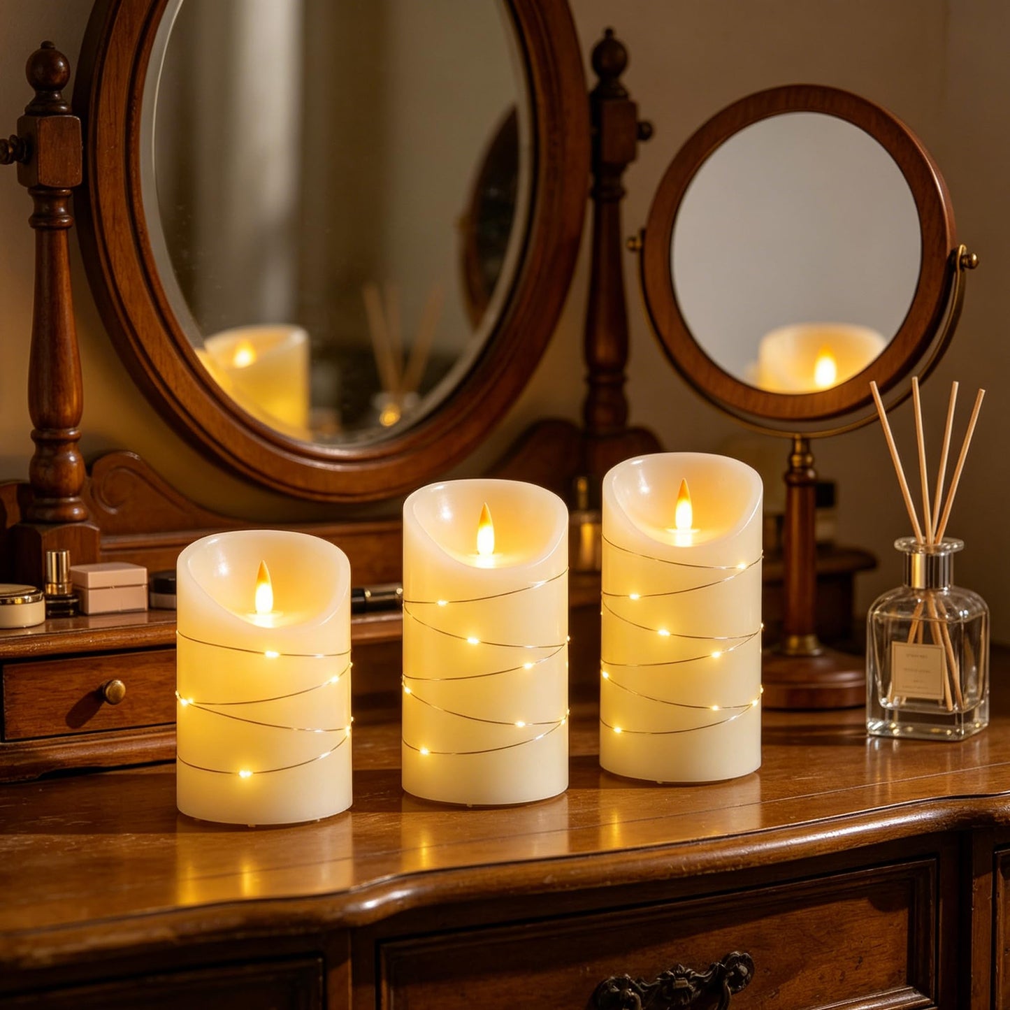 haitanghua Rechargeable Flameless Candles Set of 3, Real Wax LED Pillar Candles with Flickering Flame & Fairy String Lights, USB Rechargeable, Remote Control & 2/4/6/8H Timer, Ivory