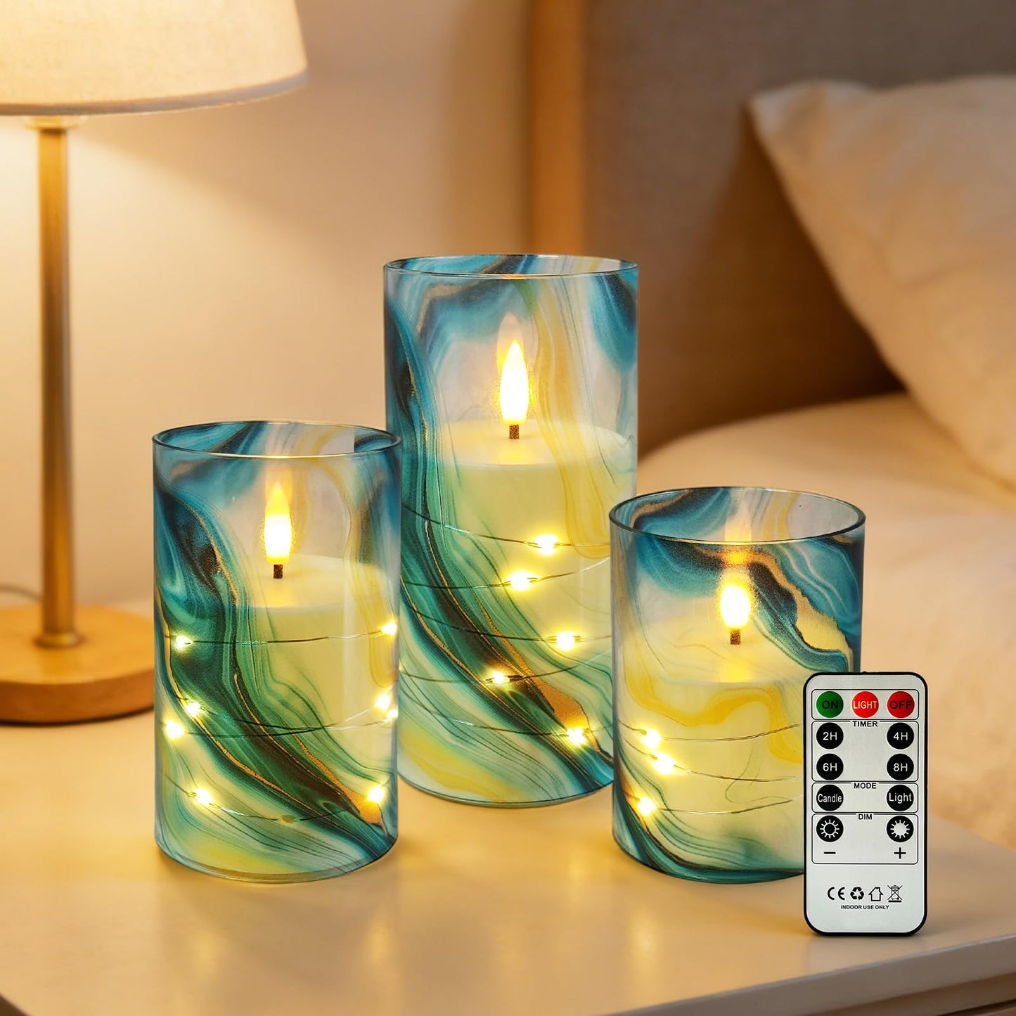 Flickering Flameless Candles Blue Water Ripple Print, Embedded Star String Lights, Battery Operated Acrylic LED Pillar Candles with 11-Key Remote and Timer for Home Decoration, 3 Pack