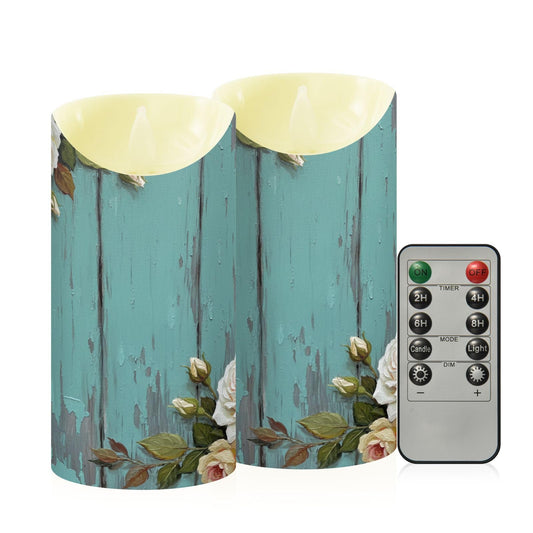 ALAZA Vintage Turquoise Pink Rose Flickering Flameless Candles Battery Operated with Remote Timer,Tea Light Candles LED Pillar Votive Set of 2 for Outdoor Indoor Decorations 3" x5.9"