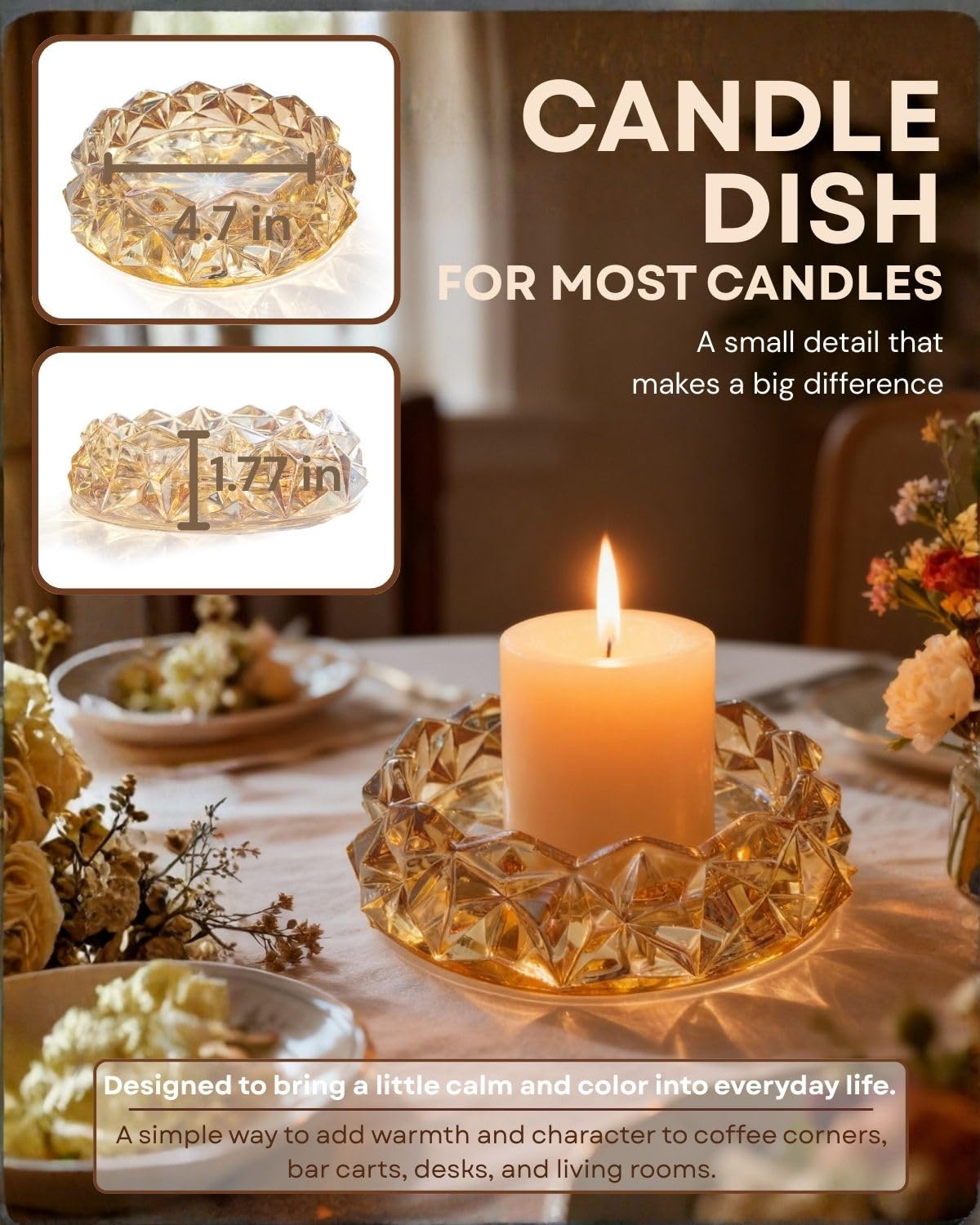Loyipu Geometric Glass Candle Holder for 3-Wick Candles – 6in Large Crystal Candle Tray for Large Jar Candles, Scented Candles & Diffusers(Honey Amber)