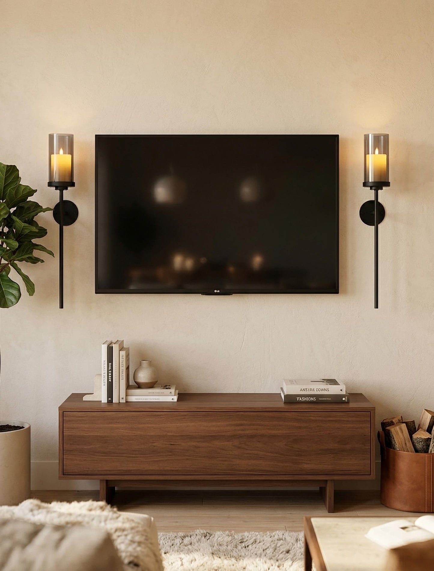 Walasis Black Wall Candle Holder Decor: 22 Inch Metal Long Candle Sconces with Smokey Grey Hurricane Modern Minimalist Decoration for Hallway Living Room Beside Fireplace TV