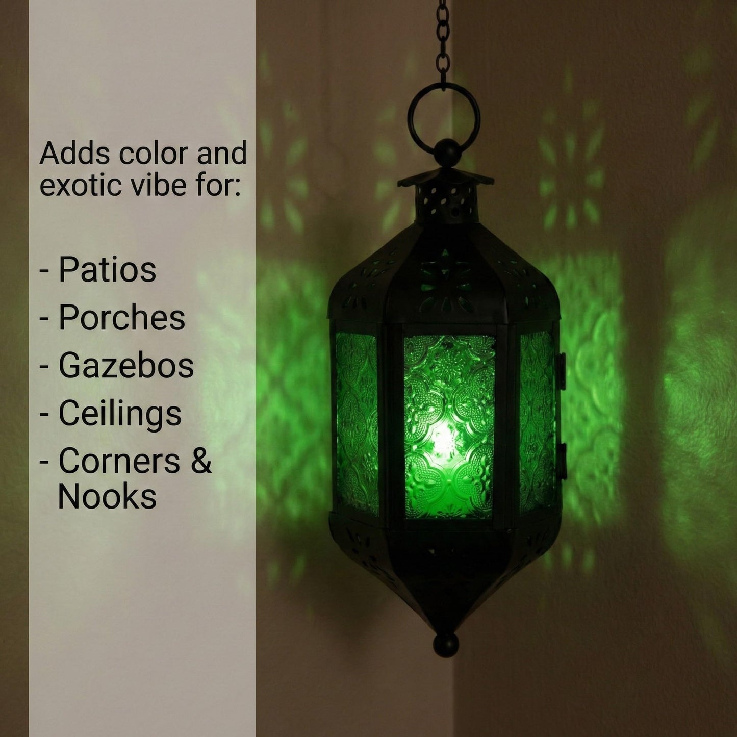 Vela Lanterns Hanging Moroccan Lamp - Exotic Decorative Patio & Porch Decor, Indoor Outdoor Tea Light Candle Lantern Holder with Chain (11" Medium, Green Glass, 2-Pack)