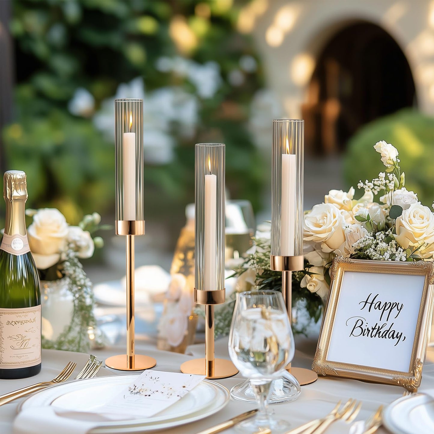 Gold Hurricane Candle Holders, Set of 6 Glass Taper Candlestick Holders Metal Candle Stands Bulk with Ribbed Glass Cover for Dining Tables Wedding Candelabra Centerpieces Decor