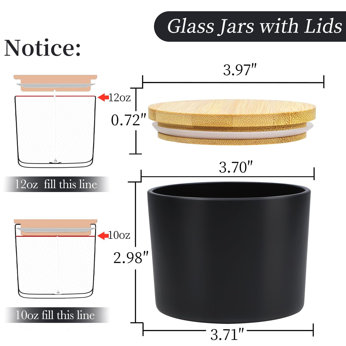 CONNOO 8 Pack 12 OZ Black Glass Wide Mouth Candle Jars for Making Candles with Airtight Bamboo Lids Nice Sticky Warning Labels for Candle Making Empty Container Bulk - Dishwasher Safe