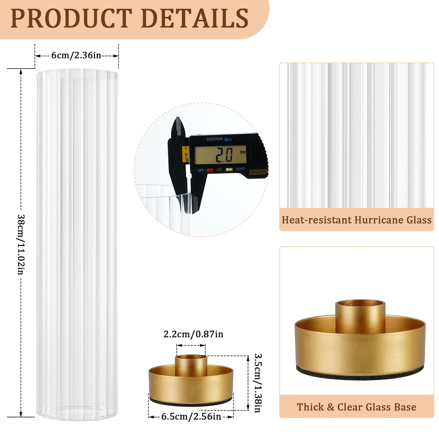 Hurricane Candle Holders Golden Taper Candle Sticks Holder, with 11" Thickened Glass Cylinder Covers Ribbed Candlesticks Holders Bulk Set of 4, Dining Table Centerpiece for Wedding