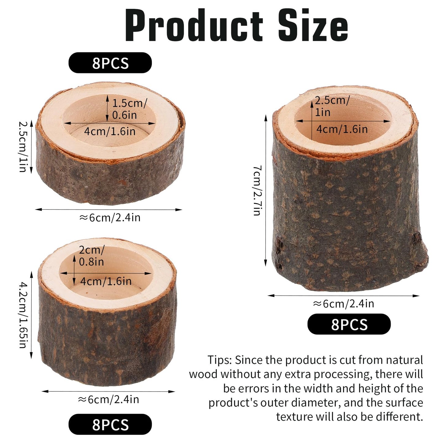 24PCS Wooden Tealight Candle Holder Set, Rustic Wood Tealight Holder with Natural Bark for Wedding Party Home Decor, 3 Sizes (1.6"/ 4cm Inner Diameter)