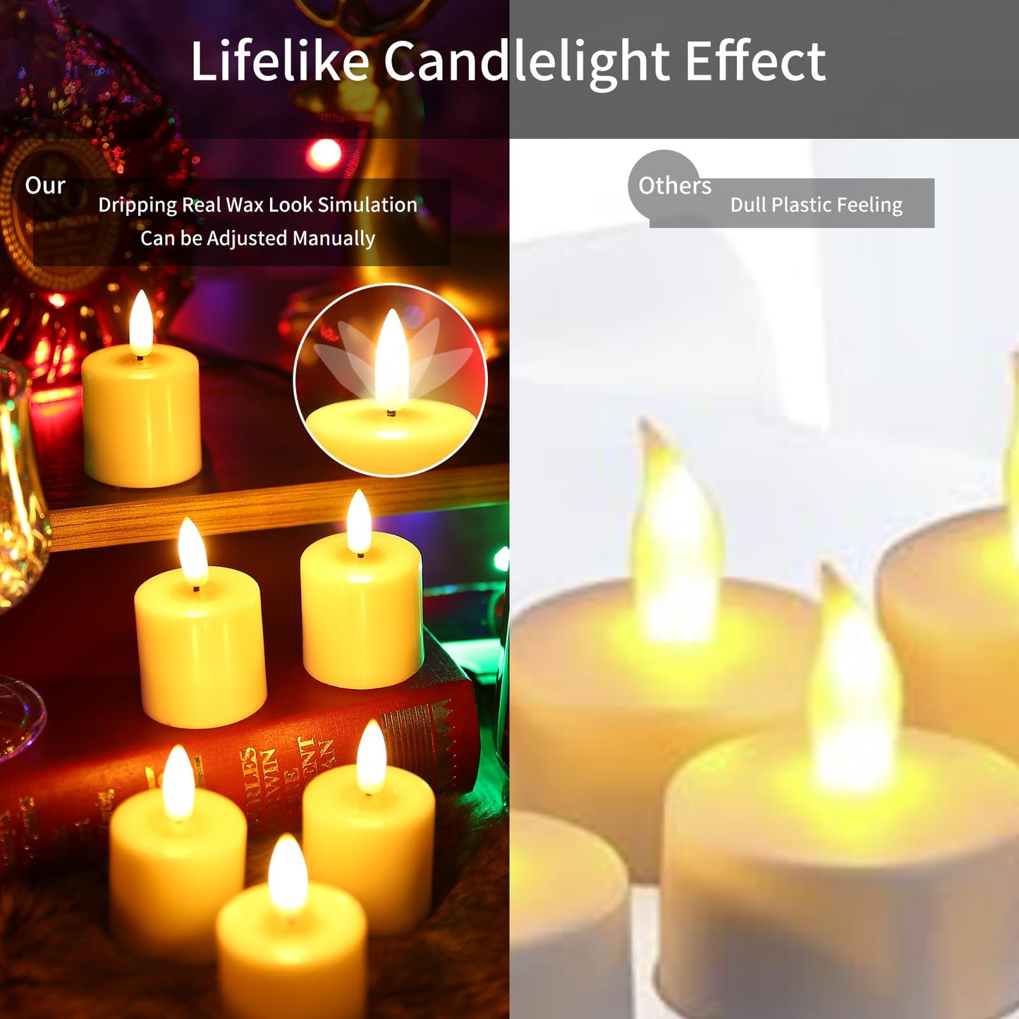 YBU Rechargeable Flameless Tea Light Candles, Realistic Flickering LED with Remote & Timer, 100+ Hours, USB Charging Base, Safe for Home Wedding Decor (6-Pack, Amber)