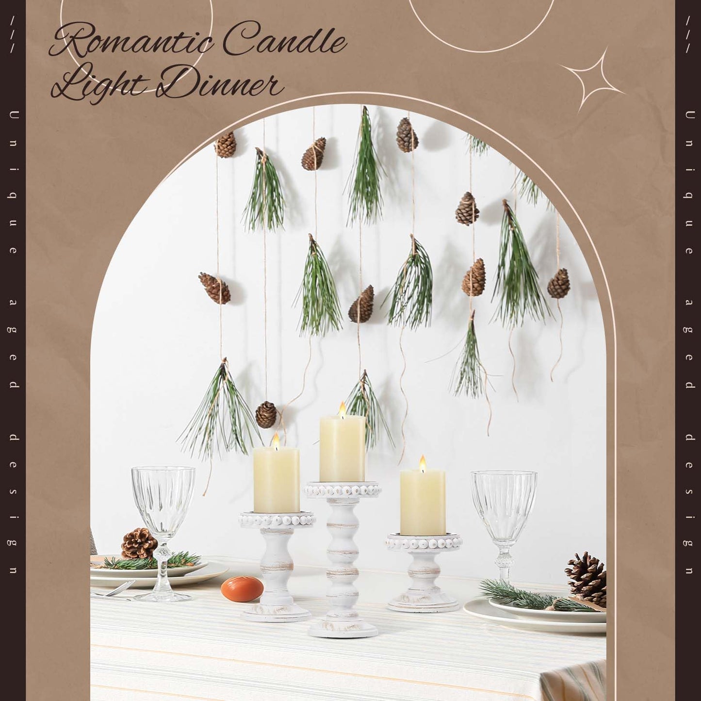Mumufy 3 Pcs Candle Holders for Pillar Candles Rustic Farmhouse Home Decor Decorative Washed Beaded White Black Wood Candle Holder Country Style for Table Mantel Fireplace Wedding (White,Small)