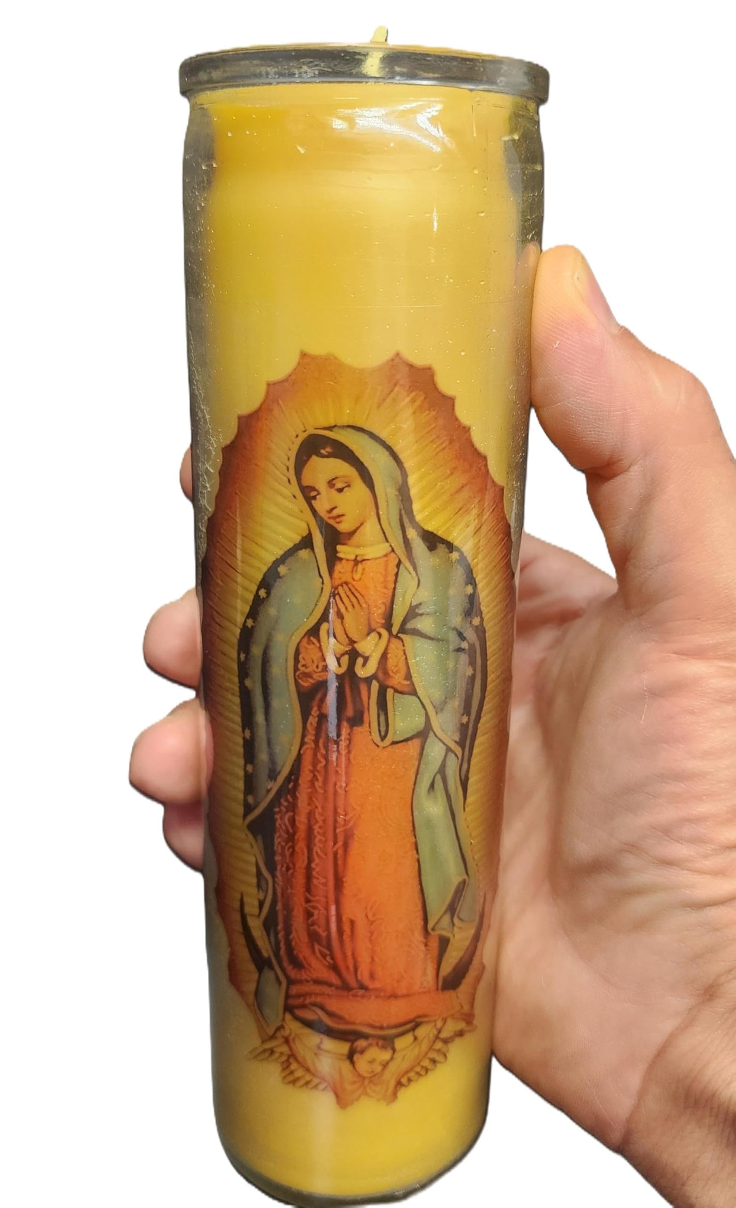 100% Beeswax Devotional Candle, Our Lady of Guadalupe Glass Prayer Candle, 8" H x 2" W, 100 Hours Burning time Made in USA. (2)