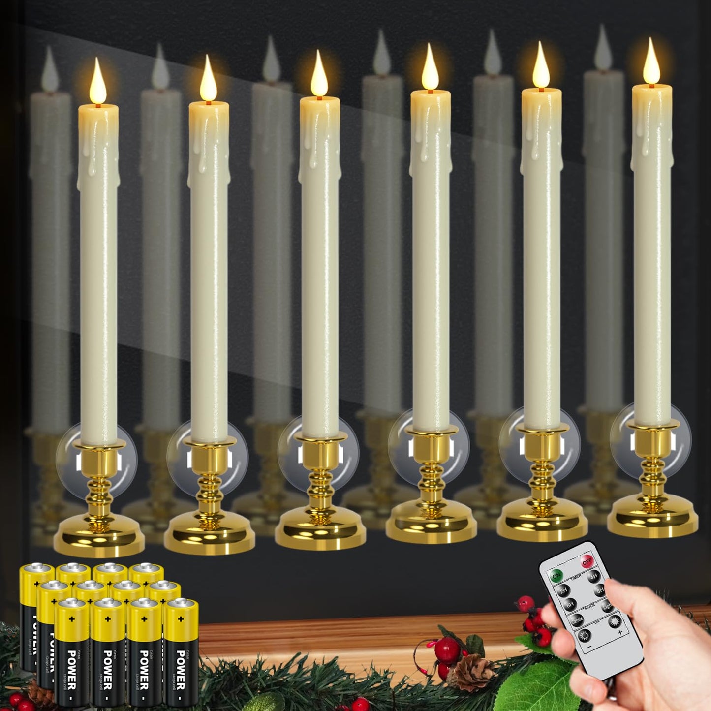 DRomance Christmas Flameless Window Taper Candles Battery Operated with Remote and Timer, 6 Pack Ivory Plastic Dripping LED Flickering Candles with Suction Cups Holiday Indoor Decor(Gold Holders)