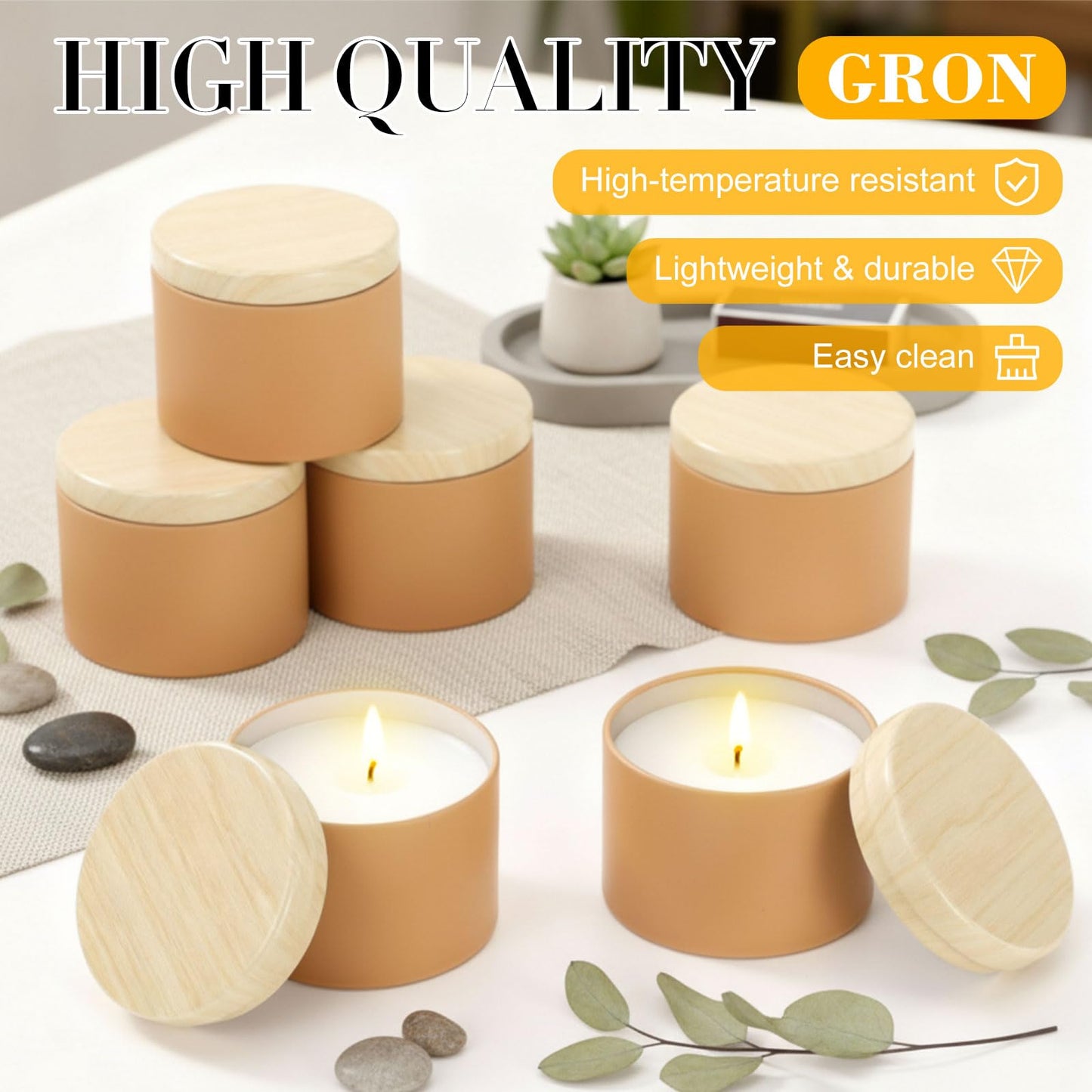 Honeydak 36 Pcs 4oz Brown Candle Jars Bulk Candle Tins Small Empty Containers with Metal Wood Grain Printing Lids for Making DIY Jars Storage Wedding Gifts