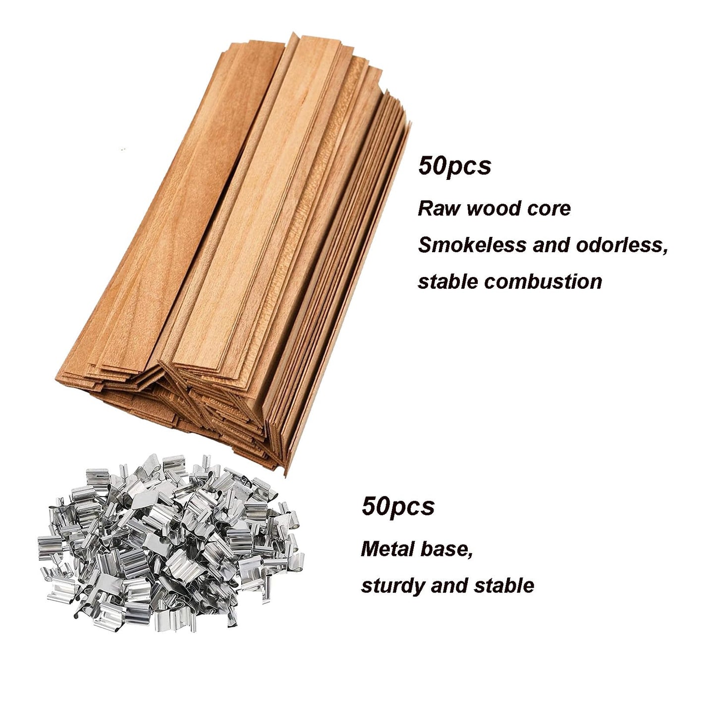 QPZ 100Pcs Cotton Candle Wicks 6" Pre-Waxed with Tabs,50Pcs Wooden Candle Wicks Smokeless,Wood Candle Making Wicks 0.59*5.9 Inch with 50Pcs Wick Clips Holders Metal Based for Candle DIY,Candle Making