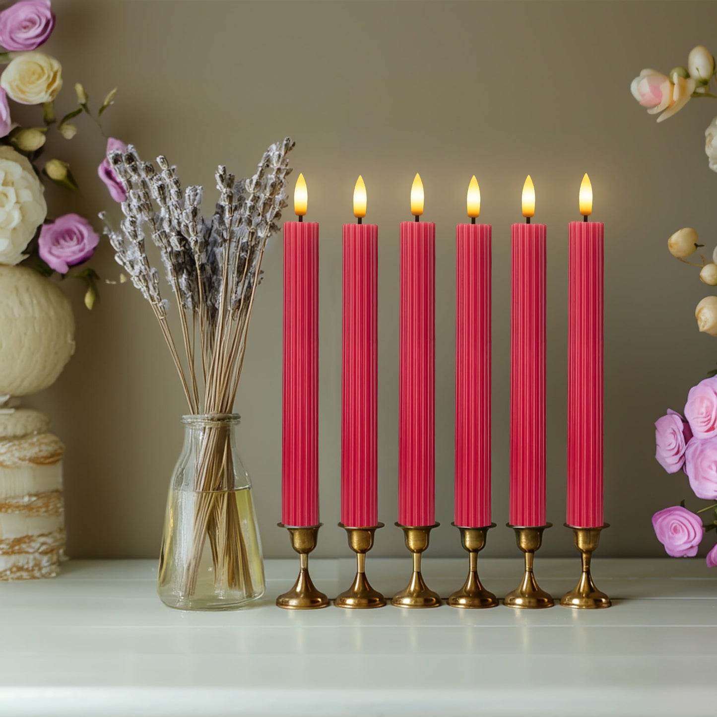 West Ivory 12 Pack, 10" LED Flameless Red Fluted Ribbed Grooved Taper Candles, Remote & 24h Timer Memory, On/Off Button, Dimmable, Flicker Mode, Battery Operated, Christmas Menorah Wedding
