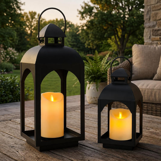 JHY DESIGN 2-Pack Vintage Metal Decorative Lanterns 18"/11.5" H Hanging Candle Lanterns with LED Pillar Candles for Garden Living Room Indoor Outdoor Parties Weddings Balcony(Black)