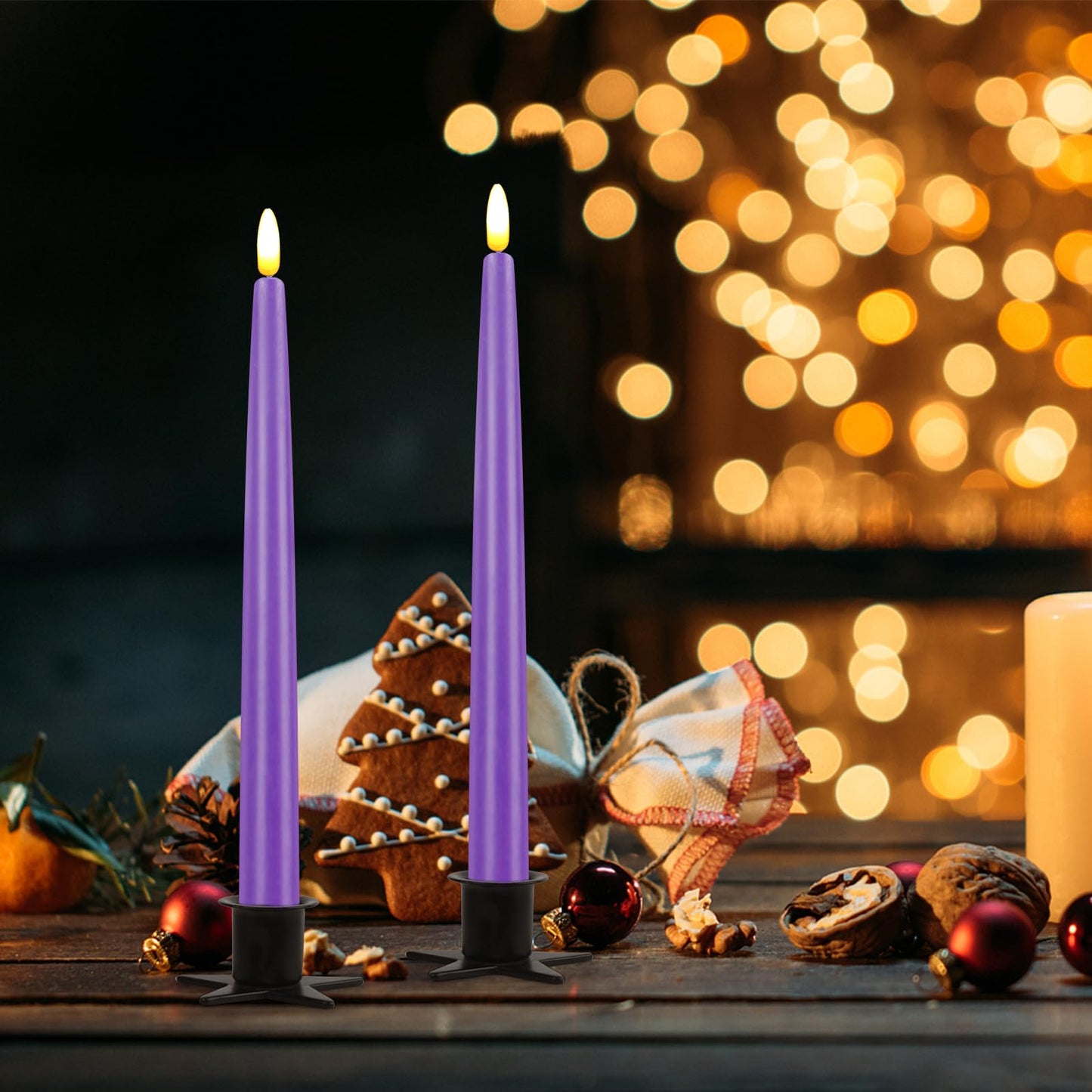 CVHOMEDECO. Flameless Taper Candles with 10-Key Remote, Battery Operated Led Flickering 3D Wick Window Candles Real Wax Finished Home Christmas Party Decor 0.78 x 11 Inch, Pack of 2, Purple