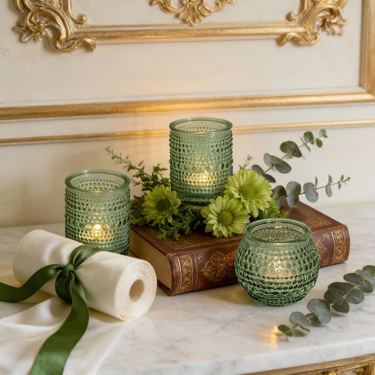 Rubtlamp 24Pack Green Votive & Tea Light Candle Holders with Dot Design, Glass Candle Holder for Table Centerpiece, Wedding, Baby Shower, Home Decorations