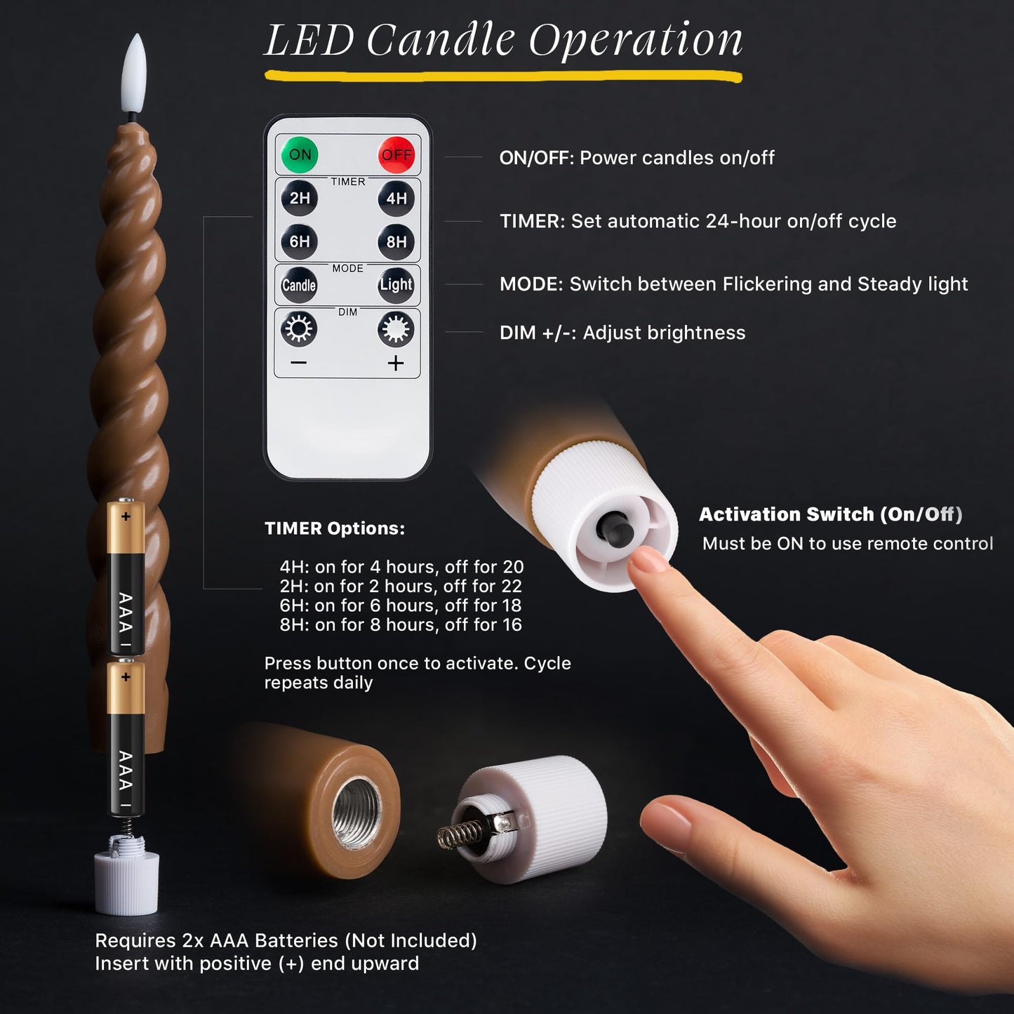 WYZworks 10" Flameless LED Taper Candles – Full Twisted Spiral – Brown, Set of 6 – Remote, 2/4/6/8-Hr Timer (24-hr Memory), Bottom On/Off Button, Dimmable, Battery Operated, Flicker/Steady