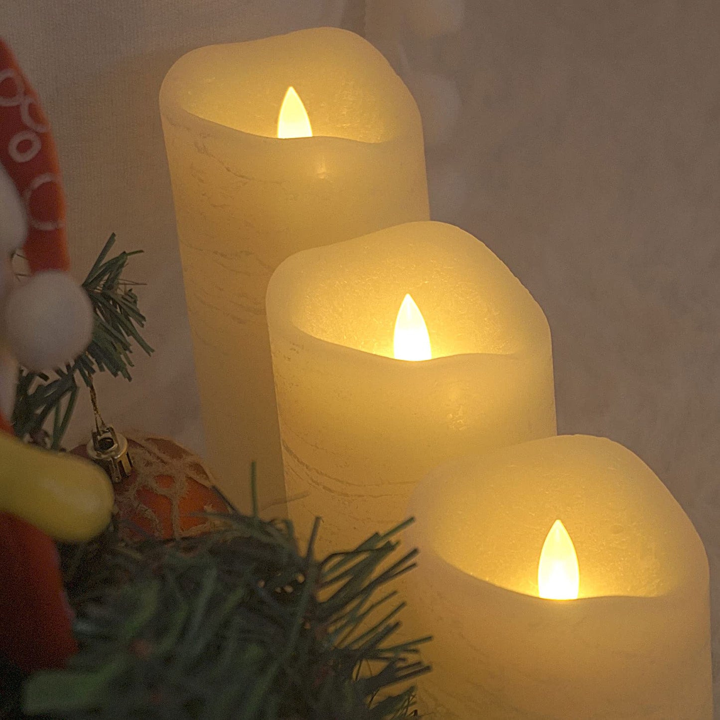 CANDLE CHOICE Real Wax Battery Operated Flameless Candles with Remote Automatic Daily Cycle Timer Realistic Flickering Electric LED Pillars Wedding Party Holiday Decorations 3 PCS Rustic Texture Ivory