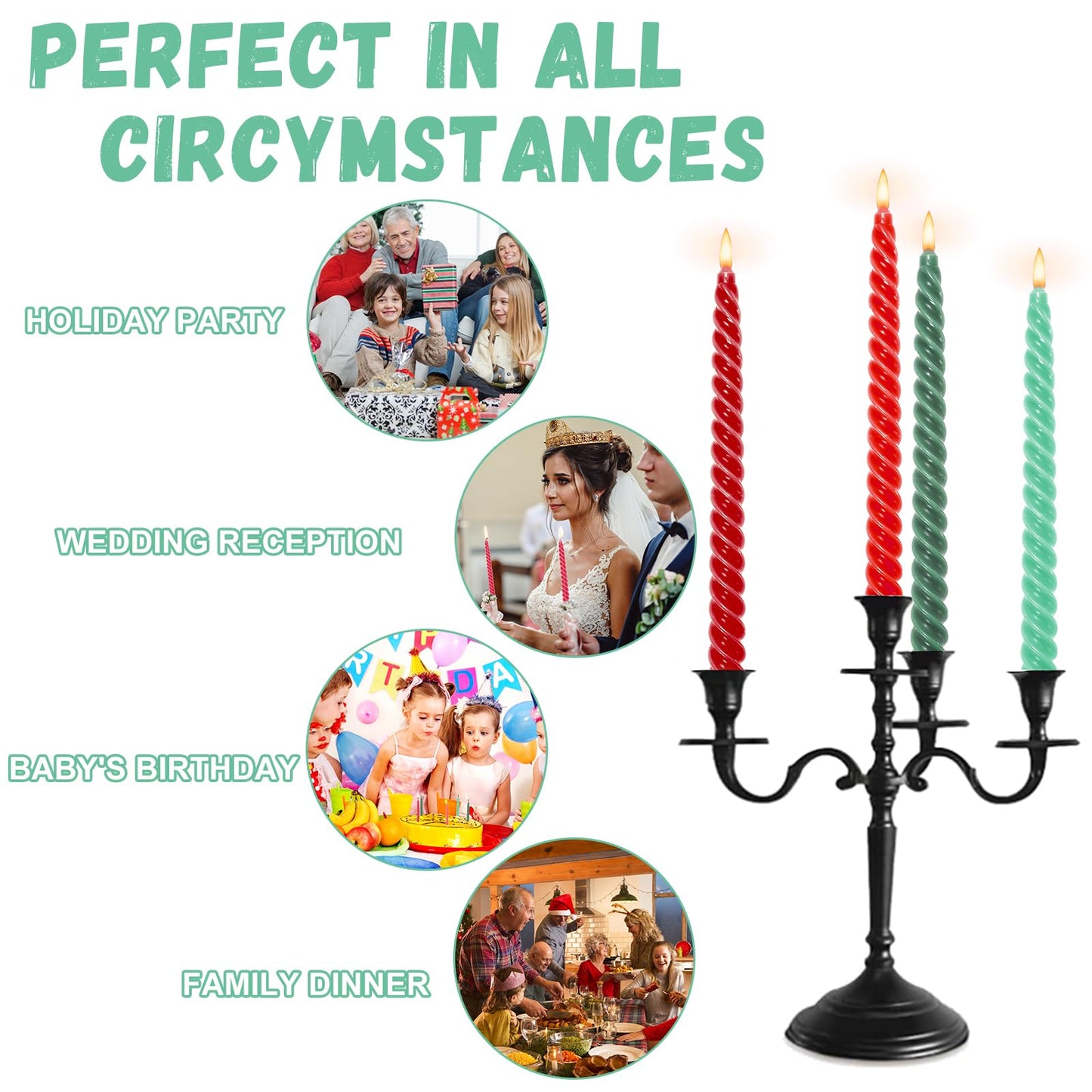 Whaline 8Pcs 10 Inch Christmas Spiral Taper Candles Red Green Dripless Twisted Wax Candles Long Unscented Candle Sticks for Xmas Home Party Supplies
