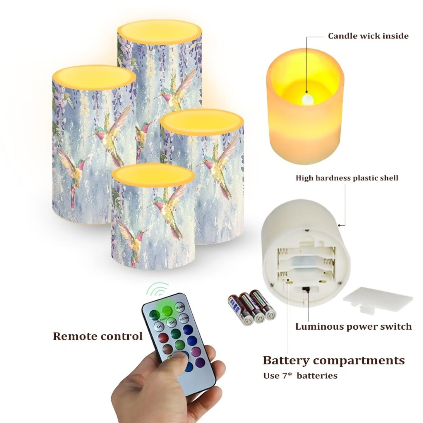 Cozeyat Vine Hummingbird LED Candles Set of 4 Battery Powered Flameless with Remote Control Timer Color Changing for Indoor Outdoor Home Wedding Table Beach