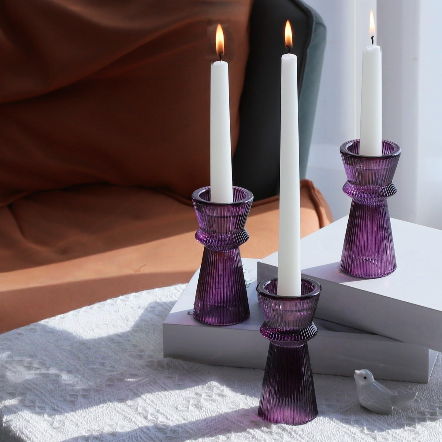 VOHO Purple Ribbed Taper Candle Holders Set of 3, Minimalist Style Glass Candle Holder for Candlesticks and Tealight Candles, Classy Candlestick Holders for Easter Halloween Wedding Decor