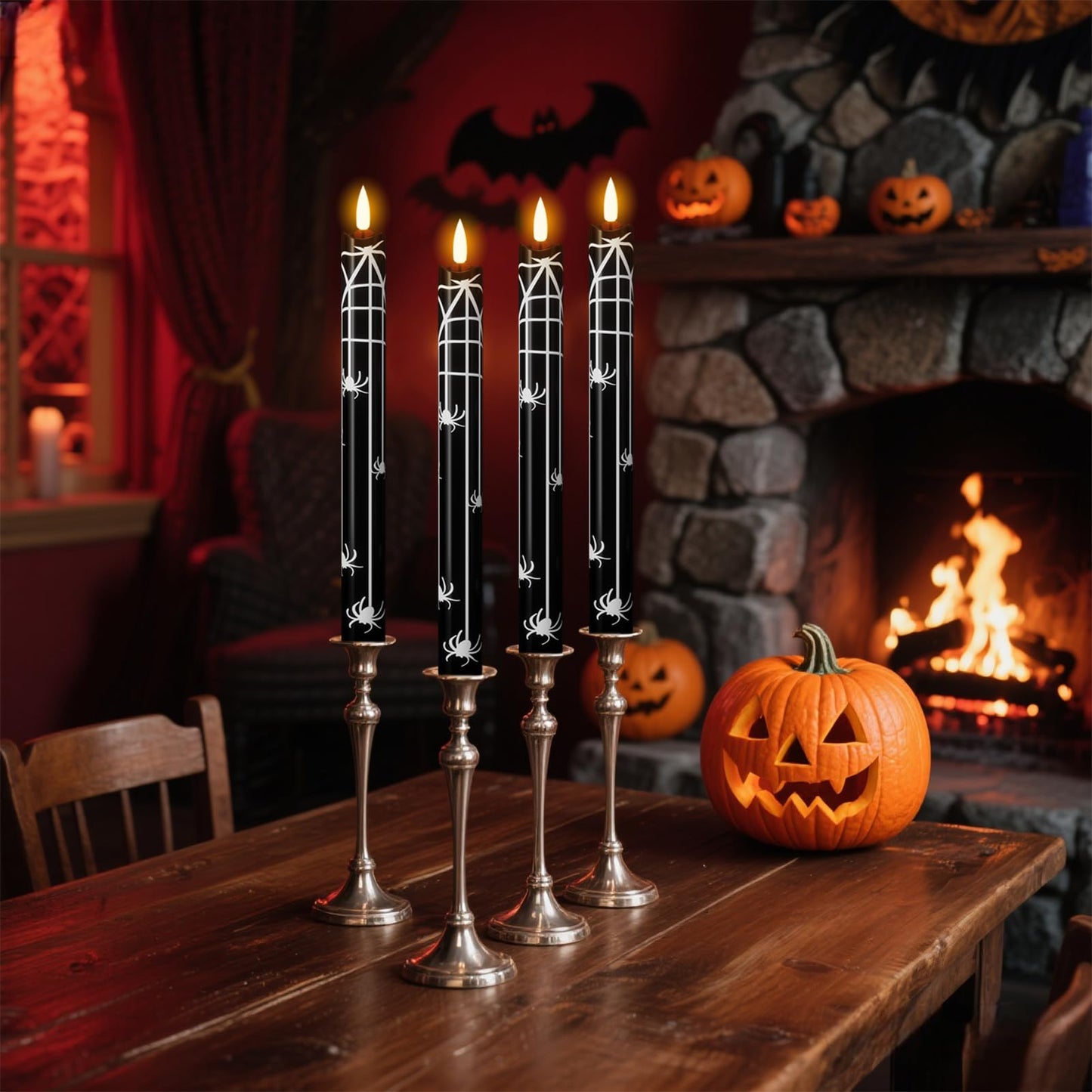 Eldnacele Halloween Flameless Flickering Taper Candles with Remote and Timer, Battery Operated Spider Web Decal Real Wax Black LED Window Candles Set of 4 Table Centerpiece Horror Halloween Decor