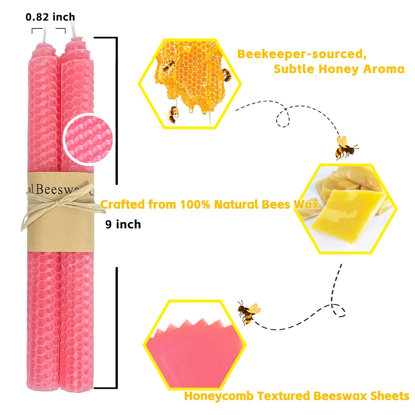 Lacaser Natural Beeswax Taper Candles Bulk Set,9" Long Candlesticks, Dripless & Unscented, 4 Hour Burn Time, Light Pink, 12 Pack