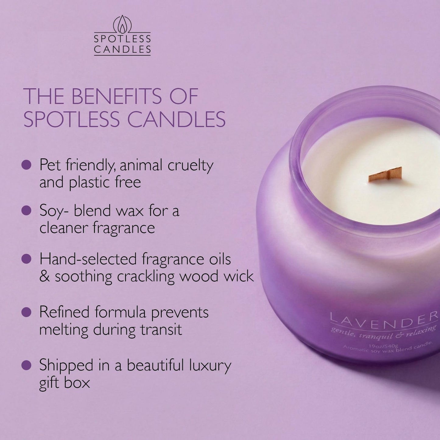 Lavender Candle 19oz Volcano Jar with Wooden Wick Upto 75 Hours Burn Time in a Large 4" x 5" Solid Purple Glass Jar in a Luxury Gold Foil Gift Box