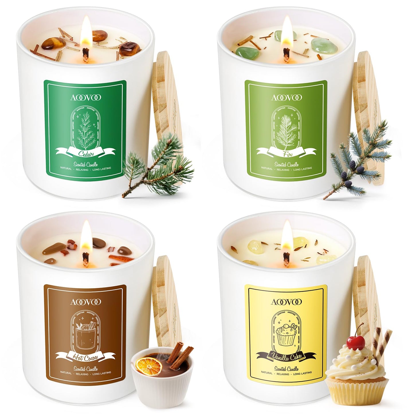 AOOVOO Holiday Candles Set for Women - 4 Pack Candles for Home Scented, Aromatherapy Candle with Crystals, 28 oz 200 Hour Long Lasting Candle, Winter Fragrance of Cedar, Fir, Hot Cocoa, Vanilla Cake