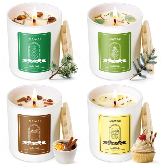 AOOVOO Holiday Candles Set for Women - 4 Pack Candles for Home Scented, Aromatherapy Candle with Crystals, 28 oz 200 Hour Long Lasting Candle, Winter Fragrance of Cedar, Fir, Hot Cocoa, Vanilla Cake