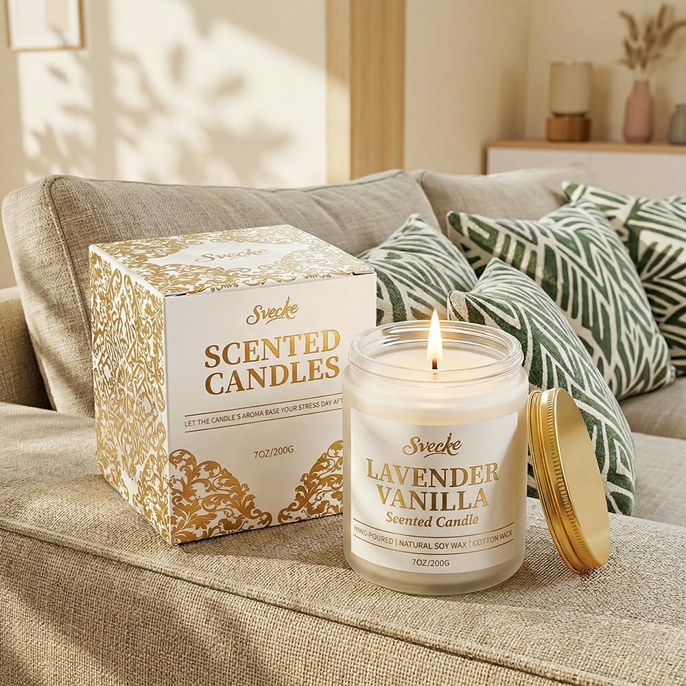 SVECKE Vanilla Lavender Scented Candle 7oz Soy Wax Jar Candle Long Burning Aromatherapy Candle for Home Bedroom Gift for Women Men Housewarming New Home Gift