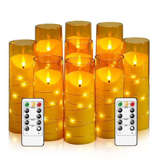 Eebuss Flameless Candles with Embedded Star String, Battery Operated LED Pillar Candles with Timer and Remote Control,Home Decorating for Ambiance， Set of 9 (Gold)
