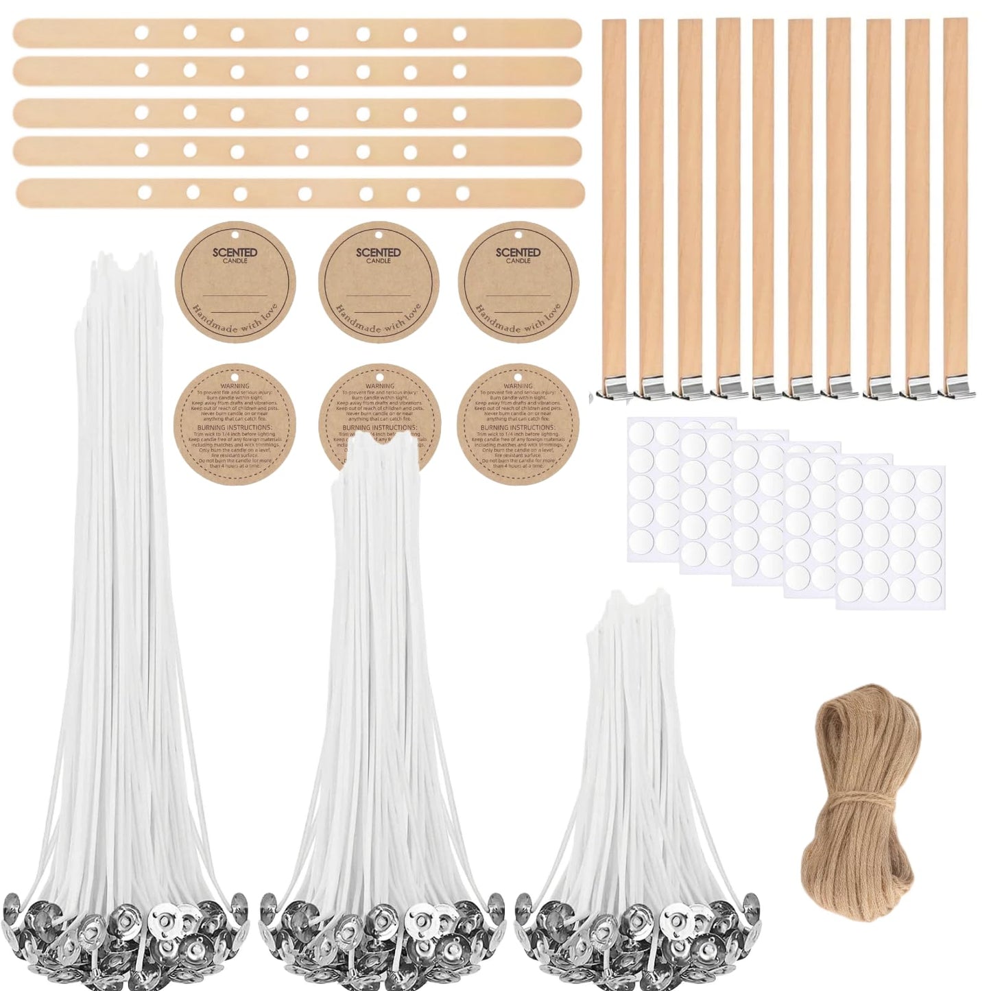 Candle Wick Making Kit, 90 Cotton & 10 Wood Wicks, 4 6 8 Inch Pre-Waxed Cotton Wicks with Wick Holders, Metal Tabs, Stickers, Labels, Twine for Soy, Beeswax, Jar, Pillar Candle Making