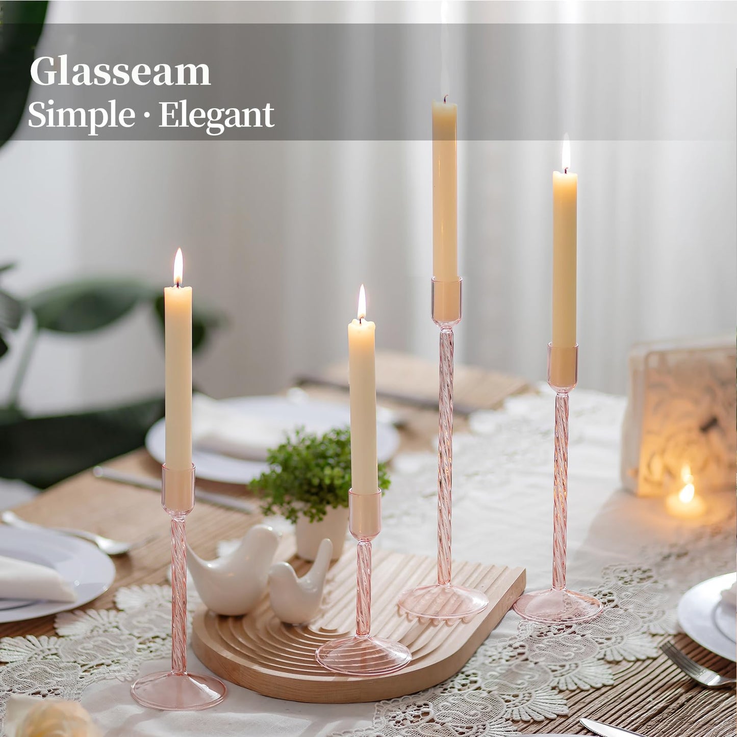 Glasseam Glass Candlestick Holders Pink: Set of 4 Tall Taper Candle Holders for Candlesticks Decorative Tapered Candles for Table Centerpiece Wedding Christmas Home Decor