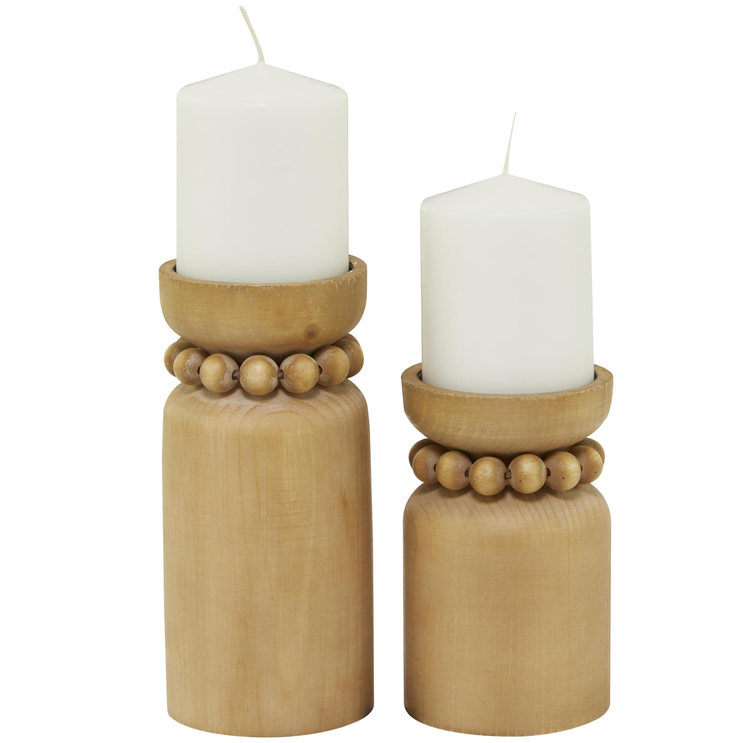 Deco 79 Wood Decorative Candle Holder Beaded Pillar Candle Stand, Set of 2 Candlestick Holder 8", 6"H, Brown