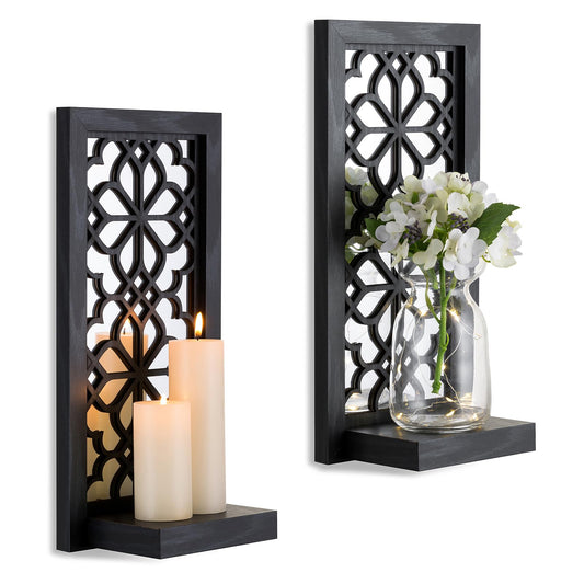Black Candle Sconces Wall Decor - Gothic Wood Candle Shelves Decor for Plant Display - Halloween Wall Candle Holder Vintage Sconces for Office Fireplace Window Hallway