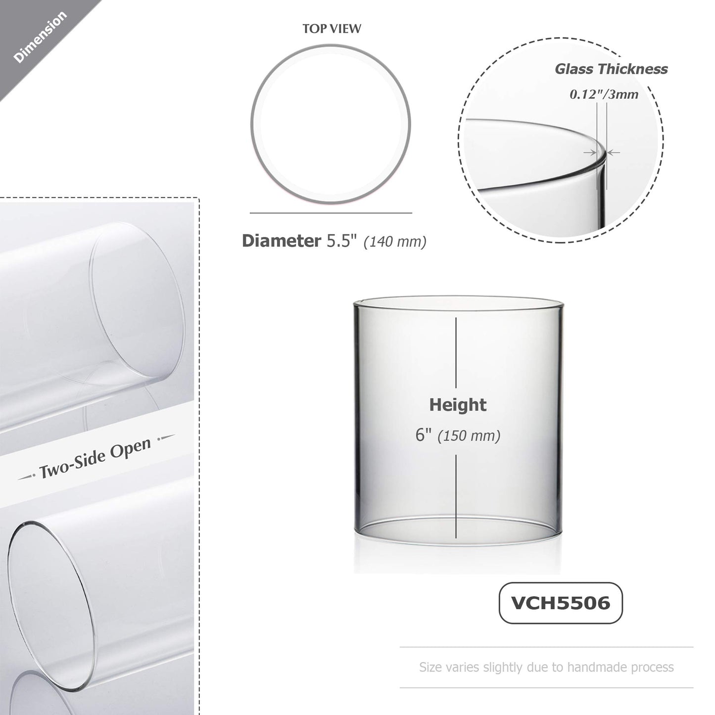 WGVI Hurricane Candle Holder Sleeve, Wide 5.5", Height 6", Clear Glass Cylinder Candleholder, Chimney Tube, Open Ended Candle Shade, 1 Piece