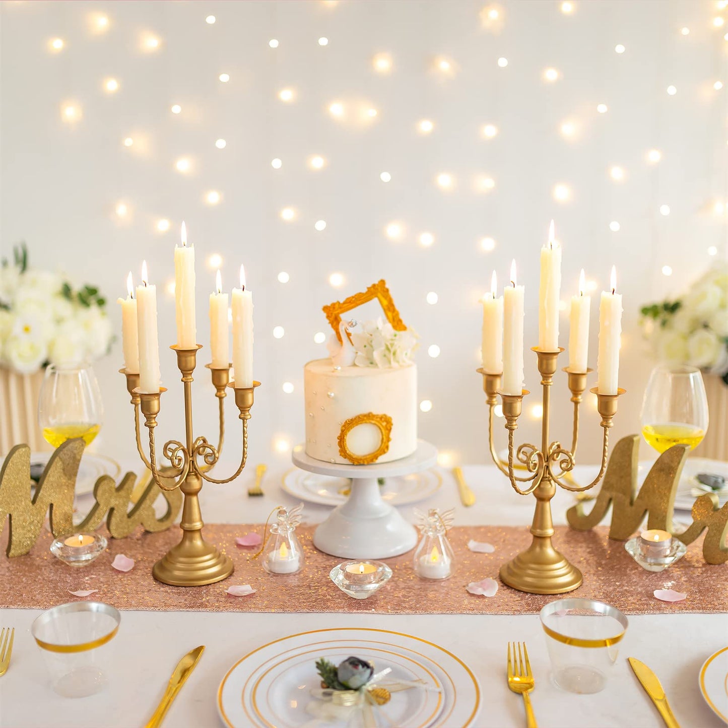 Sziqiqi Gold Candlestick Holder Candelabra - Taper Candle Holders for Wedding Centerpiece 5-Arms Candle Stick Stands for Candlelight Dinner Table Christmas Mantel Festivals