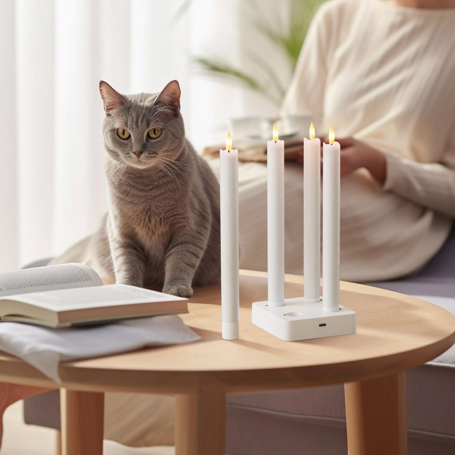 Rechargeable Flameless Taper Candles, Real Wax 9.6 Inch LED Candlesticks with Remote, flickering White Battery Operated Candles with Charging Station for Home, Holidays, Weddings, Party Decor, 4 Pack