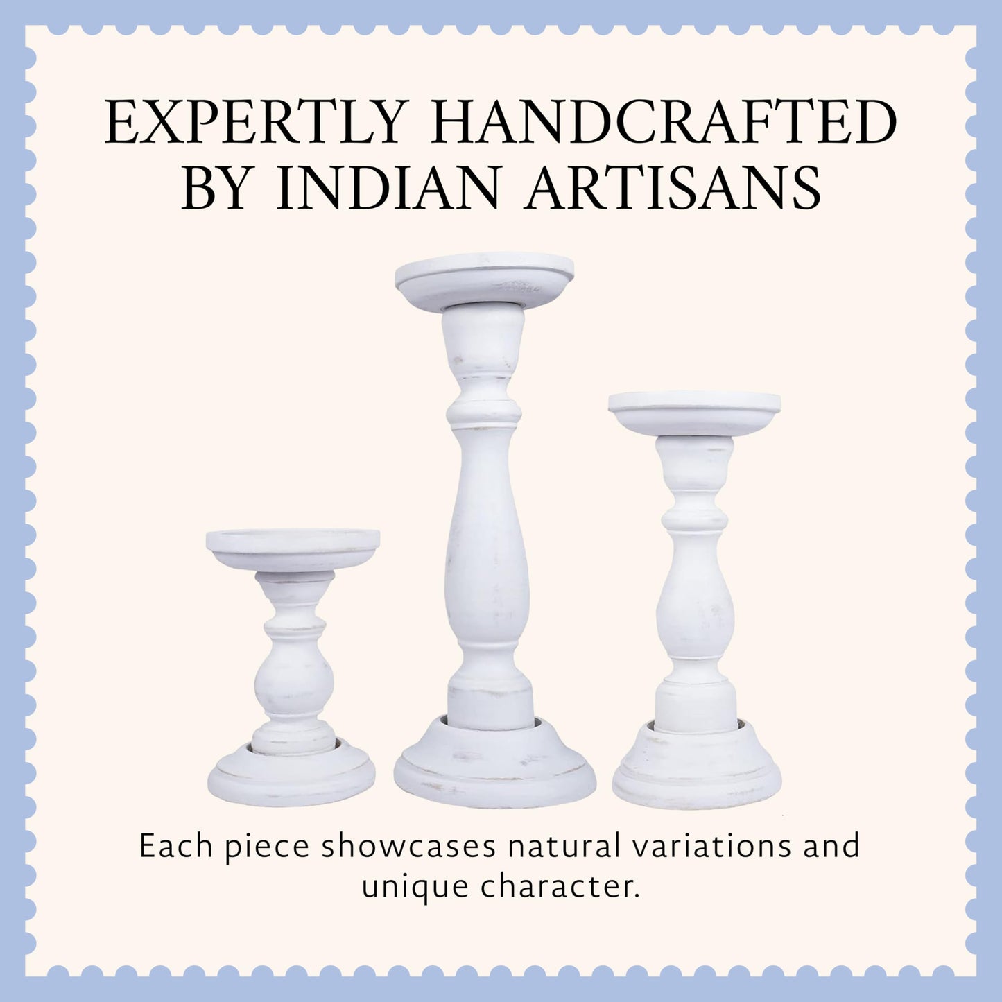Mela Artisans 6”, 9” & 12” Mango Wood Pillar Candle Holder Set of 3 – Tuli Design Shabby Matte White – Wooden Candle Holders for Table, Mantel & Living Room Décor