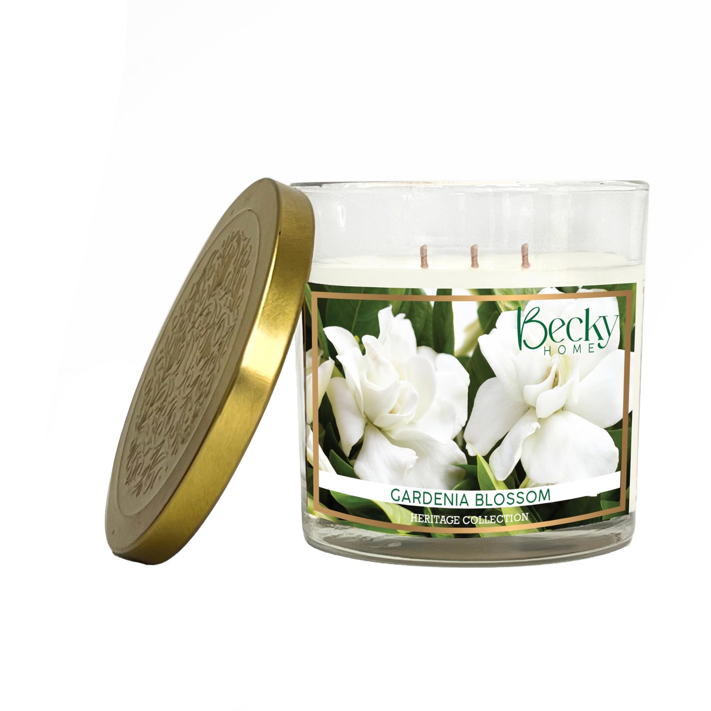 Becky Home Gardenia Blossom 3 Wick Candle, 14.5oz, Large, Traditional, White, Glass Jar, 4" H x 4" D, 60+ Hour Burn Time, Indoor Use, 1 Count