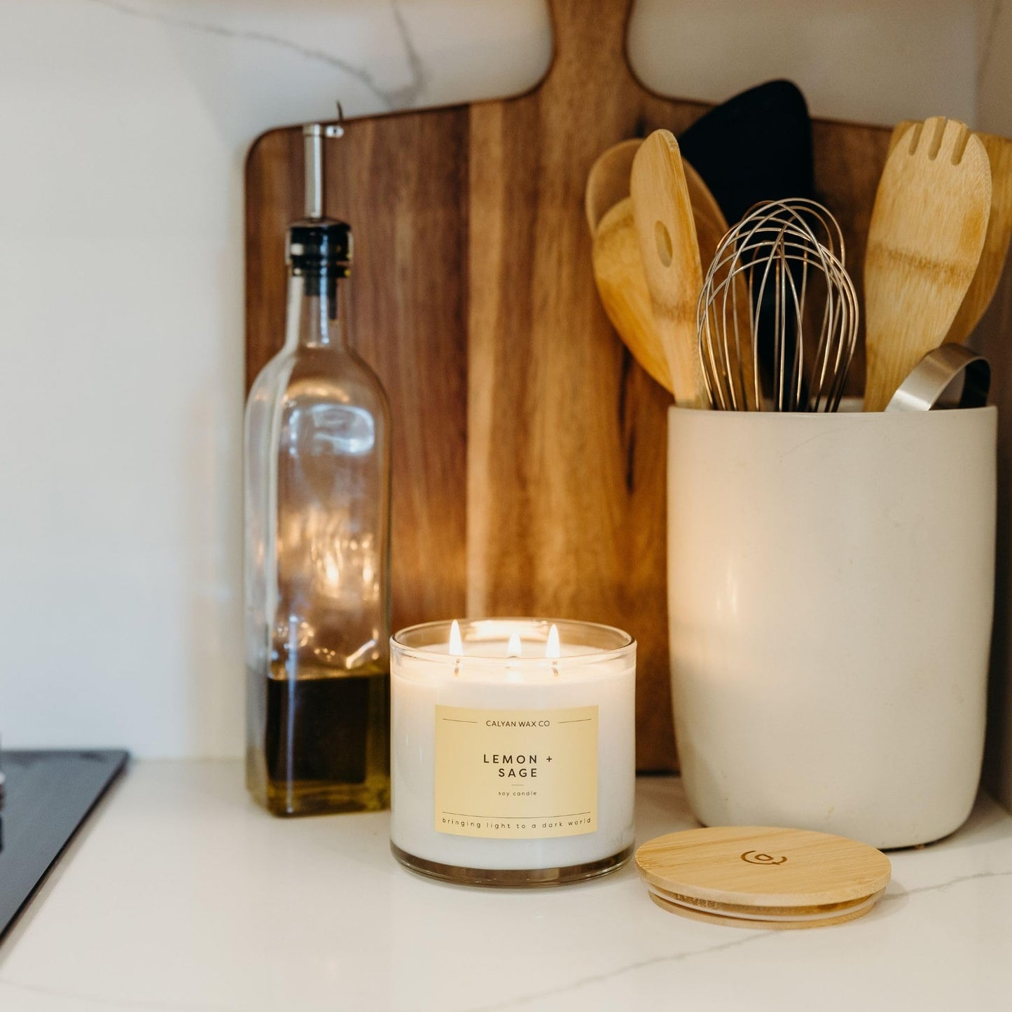 Calyan Wax Co. Lemon & Sage 3 Wick Scented Candle - 43 Hour Burn - Luxury 3 Wick Soy Candles - Soy Wax Candles - Long Lasting Large Glass Jar Candle for Home - 14.9oz
